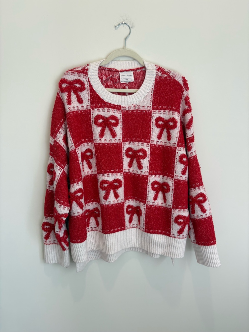 Red & White Bow-Check Crewneck Sweater